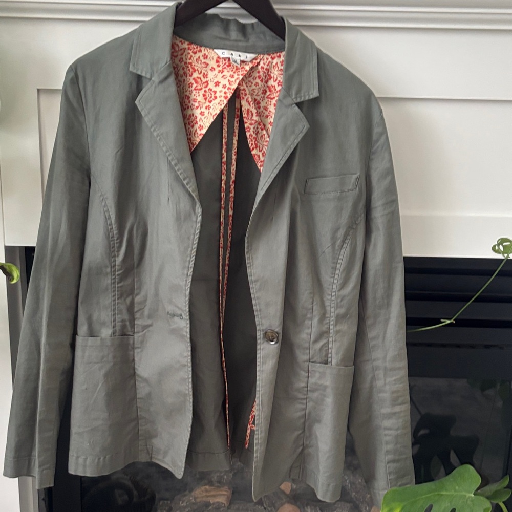 CAbi Olive Jacket with Red Floral Interior